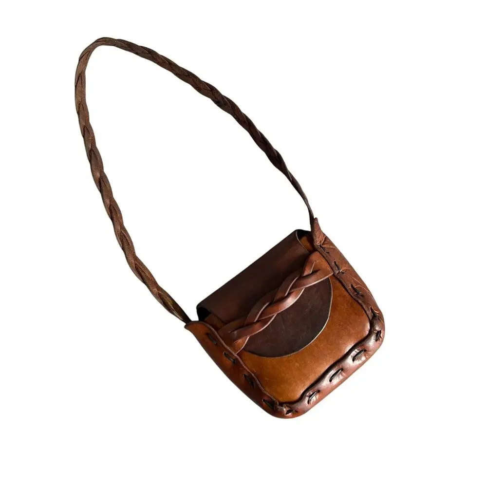 Vintage Brown Leather Shoulder Bag Braided Strap Boho Hippie